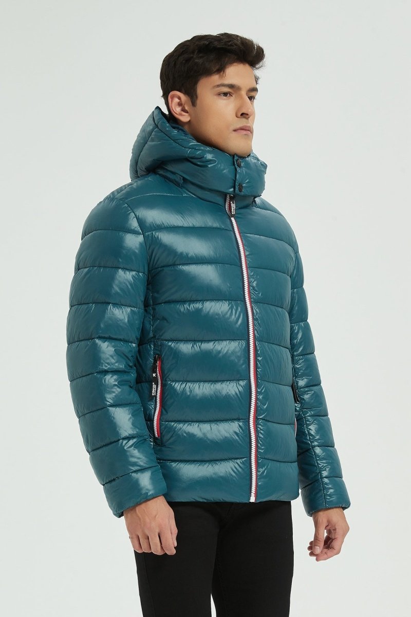 Doudoune Homme Hiver Brillante Bleu encre avec Capuche et Zip Tricolore
