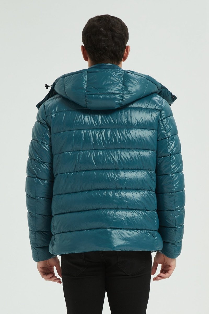 Doudoune Homme Hiver Brillante Bleu encre avec Capuche et Zip Tricolore