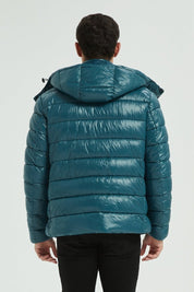 Doudoune Homme Hiver Brillante Bleu encre avec Capuche et Zip Tricolore