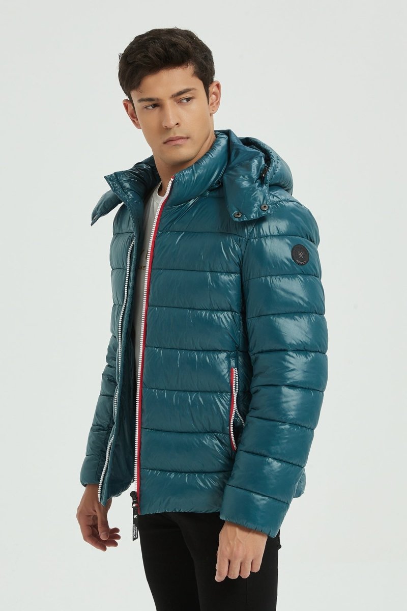 Doudoune Homme Hiver Brillante Bleu encre avec Capuche et Zip Tricolore
