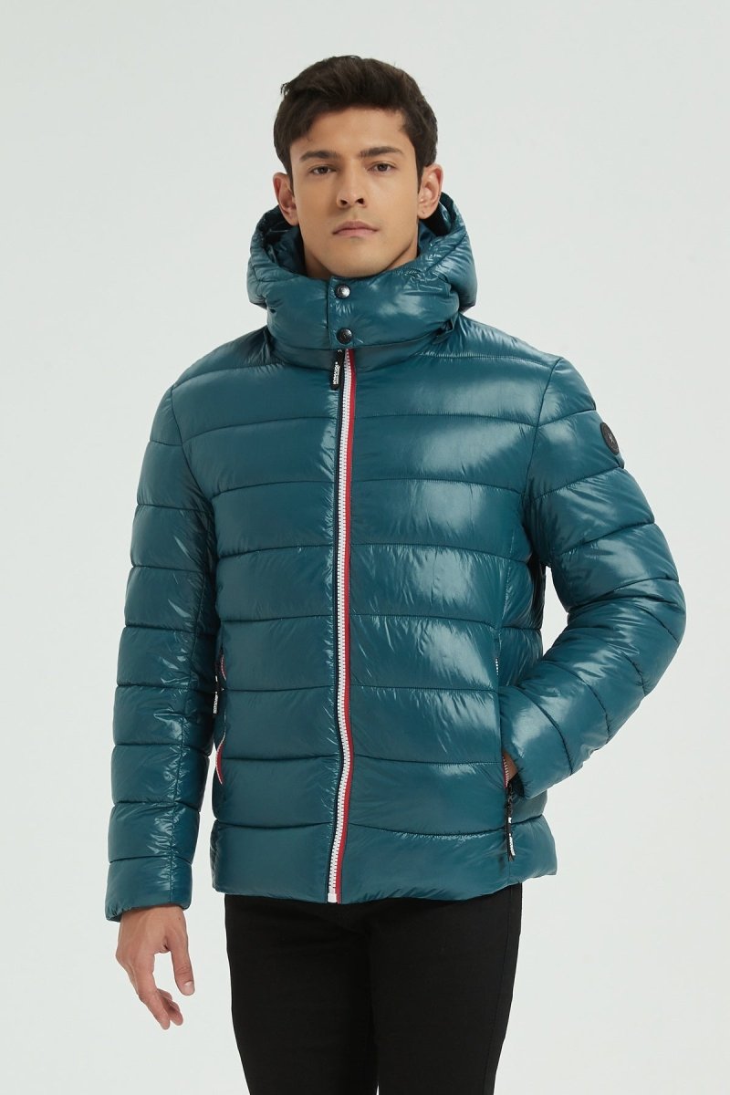 Doudoune Homme Hiver Brillante Bleu encre avec Capuche et Zip Tricolore