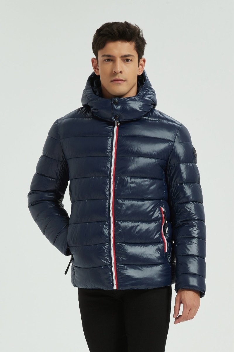 Doudoune Homme Hiver Brillante Bleu Marine avec Capuche et Zip Tricolore