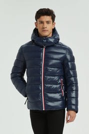 Doudoune Homme Hiver Brillante Bleu Marine avec Capuche et Zip Tricolore