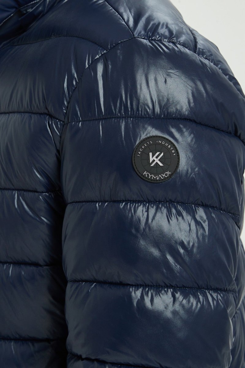 Doudoune Homme Hiver Brillante Bleu Marine avec Capuche et Zip Tricolore