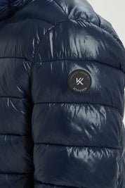 Doudoune Homme Hiver Brillante Bleu Marine avec Capuche et Zip Tricolore