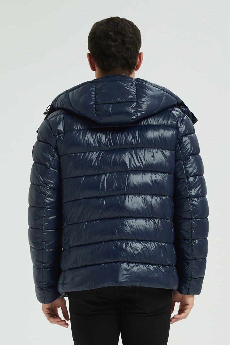 Doudoune Homme Hiver Brillante Bleu Marine avec Capuche et Zip Tricolore