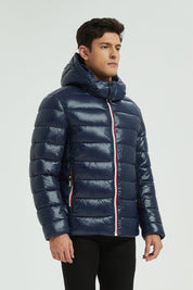 Doudoune Homme Hiver Brillante Bleu Marine avec Capuche et Zip Tricolore