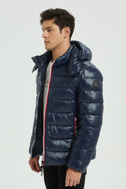 Doudoune Homme Hiver Brillante Bleu Marine avec Capuche et Zip Tricolore