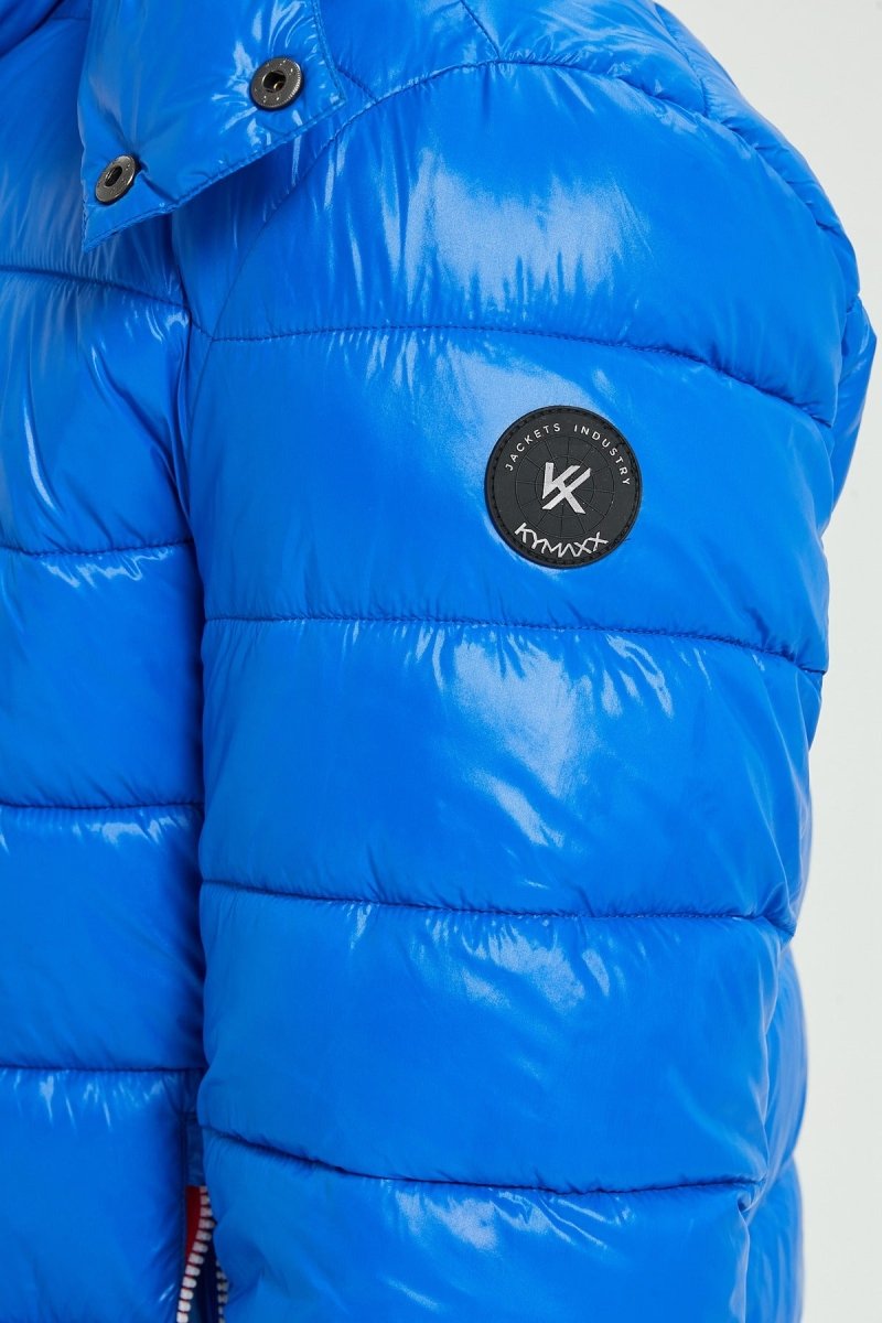 Doudoune Homme Hiver Brillante Bleu Saphir avec Capuche et Zip Tricolore