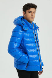 Doudoune Homme Hiver Brillante Bleu Saphir avec Capuche et Zip Tricolore