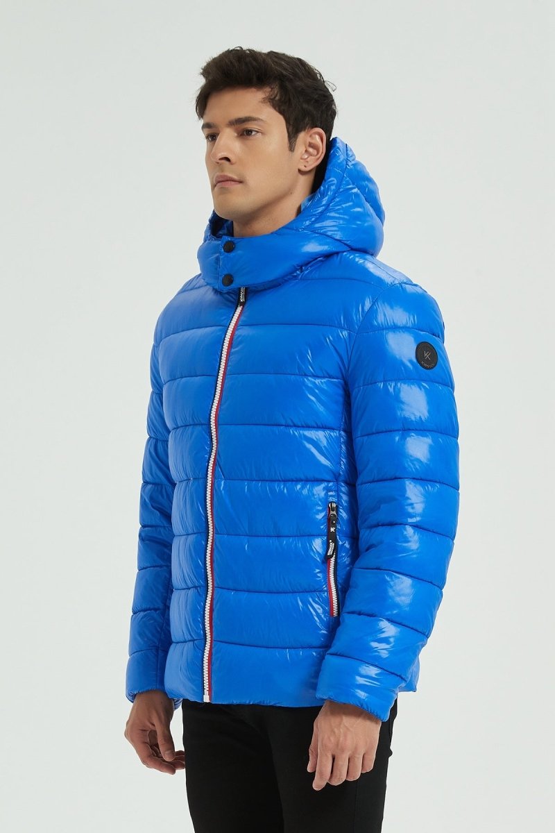 Doudoune Homme Hiver Brillante Bleu Saphir avec Capuche et Zip Tricolore