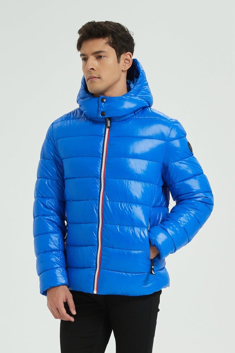 Doudoune Homme Hiver Brillante Bleu Saphir avec Capuche et Zip Tricolore