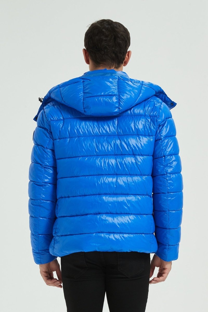 Doudoune Homme Hiver Brillante Bleu Saphir avec Capuche et Zip Tricolore