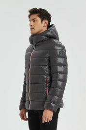Doudoune Homme Hiver Brillante GRIS FONCE avec Capuche et Zip Tricolore
