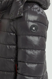 Doudoune Homme Hiver Brillante GRIS FONCE avec Capuche et Zip Tricolore