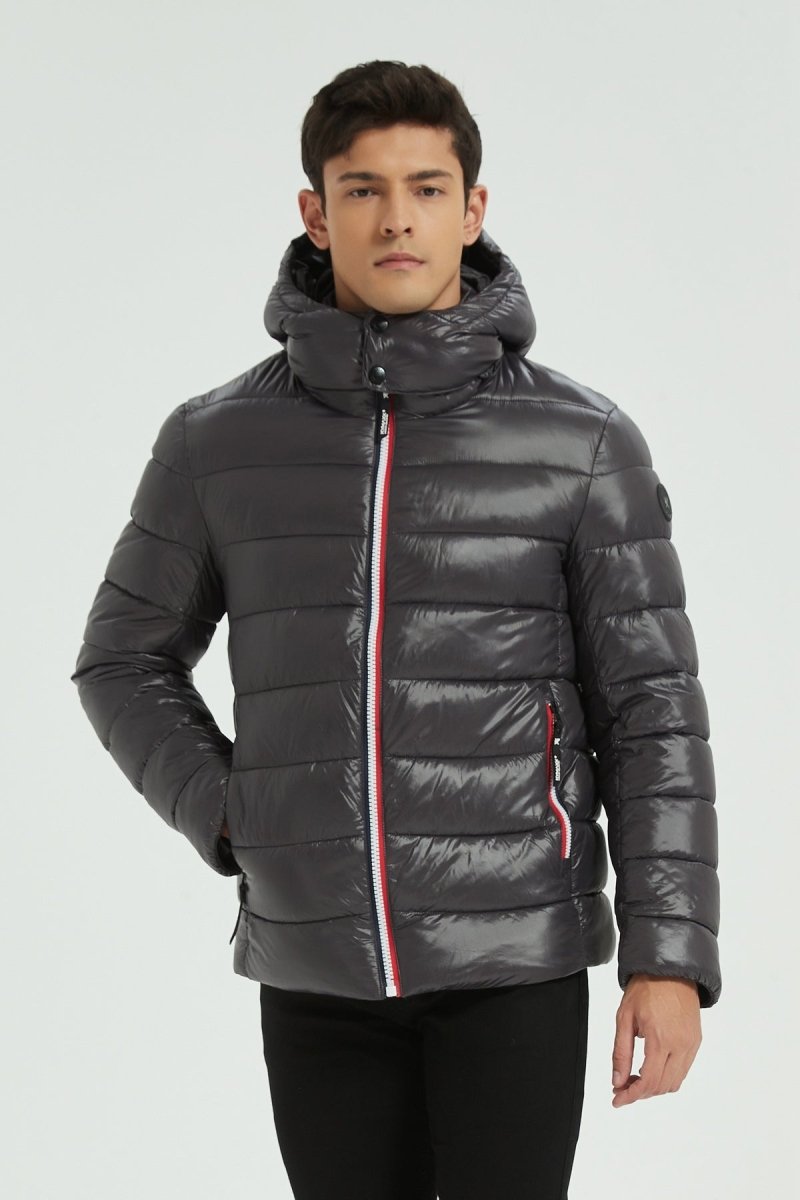 Doudoune Homme Hiver Brillante GRIS FONCE avec Capuche et Zip Tricolore