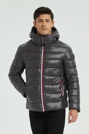 Doudoune Homme Hiver Brillante GRIS FONCE avec Capuche et Zip Tricolore