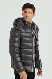 Doudoune Homme Hiver Brillante GRIS FONCE avec Capuche et Zip Tricolore