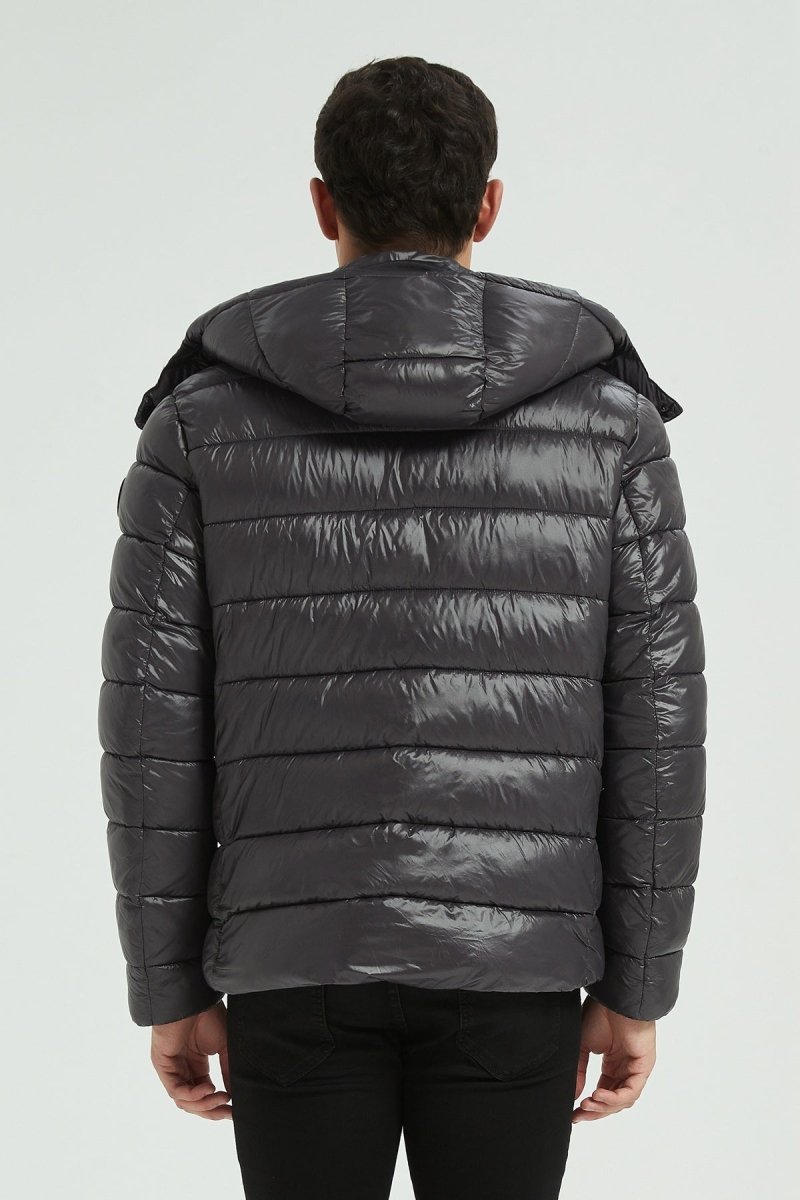 Doudoune Homme Hiver Brillante GRIS FONCE avec Capuche et Zip Tricolore