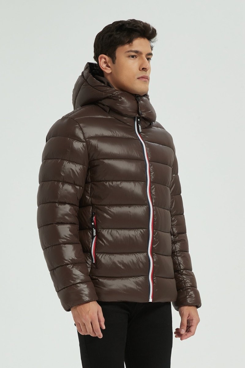 Doudoune Homme Hiver Brillante MARRON avec Capuche et Zip Tricolore