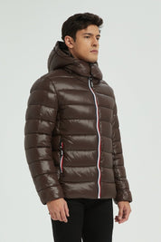 Doudoune Homme Hiver Brillante MARRON avec Capuche et Zip Tricolore