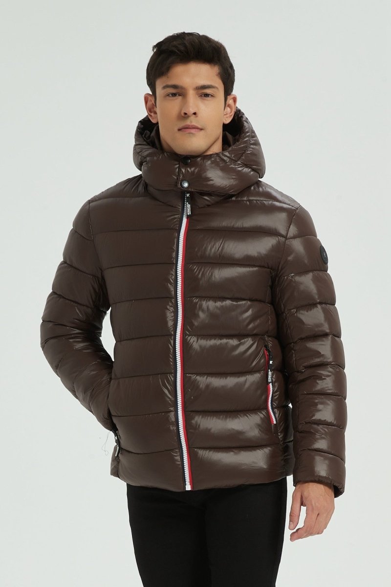 Doudoune Homme Hiver Brillante MARRON avec Capuche et Zip Tricolore