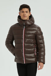 Doudoune Homme Hiver Brillante MARRON avec Capuche et Zip Tricolore