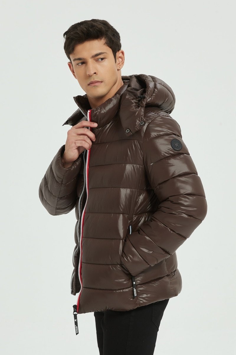 Doudoune Homme Hiver Brillante MARRON avec Capuche et Zip Tricolore