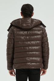 Doudoune Homme Hiver Brillante MARRON avec Capuche et Zip Tricolore