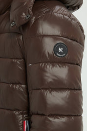 Doudoune Homme Hiver Brillante MARRON avec Capuche et Zip Tricolore