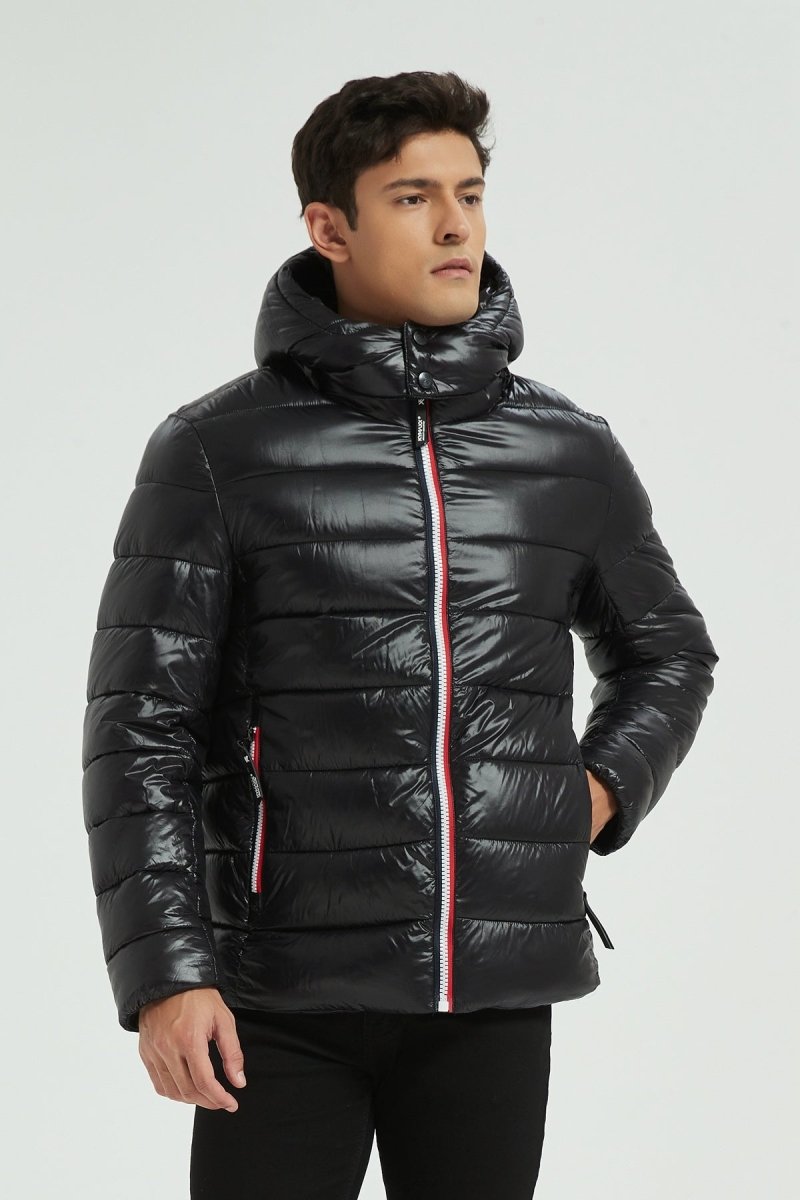 Doudoune Homme Hiver Brillante NOIR avec Capuche et Zip Tricolore