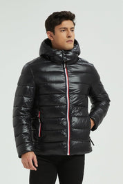 Doudoune Homme Hiver Brillante NOIR avec Capuche et Zip Tricolore
