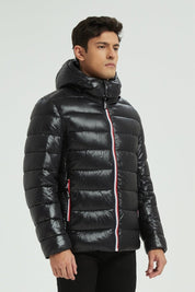 Doudoune Homme Hiver Brillante NOIR avec Capuche et Zip Tricolore