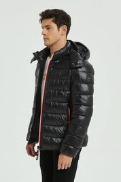 Doudoune Homme Hiver Brillante NOIR avec Capuche et Zip Tricolore