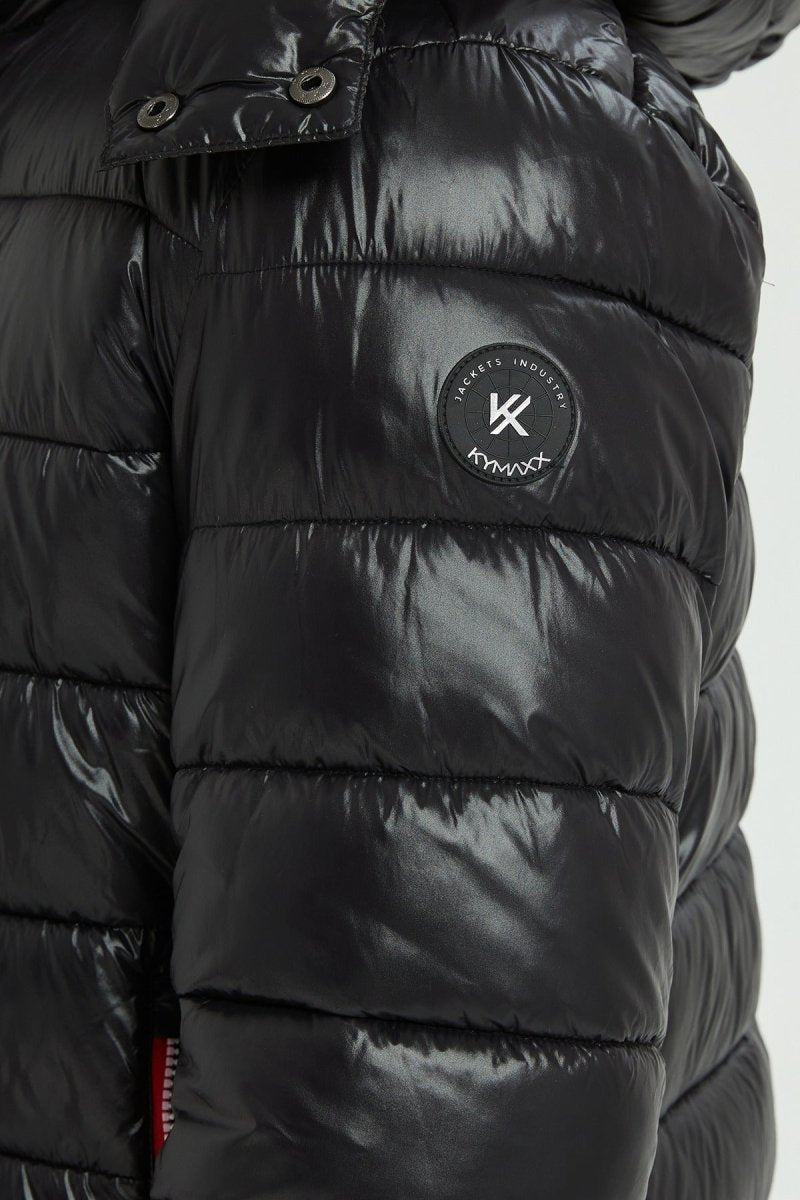 Doudoune Homme Hiver Brillante NOIR avec Capuche et Zip Tricolore