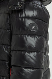 Doudoune Homme Hiver Brillante NOIR avec Capuche et Zip Tricolore