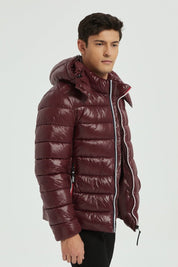 Doudoune Homme Hiver Brillante PRUNE avec Capuche et Zip Tricolore
