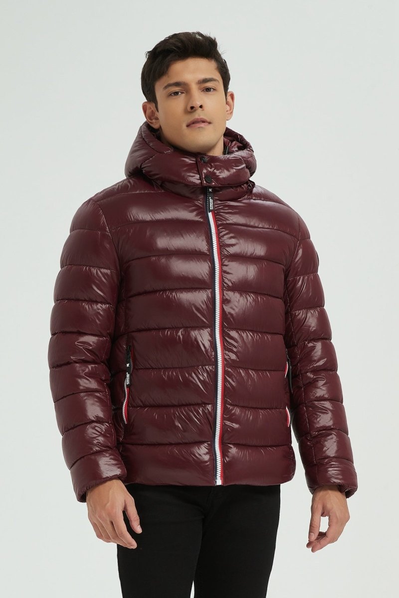 Doudoune Homme Hiver Brillante PRUNE avec Capuche et Zip Tricolore