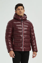 Doudoune Homme Hiver Brillante PRUNE avec Capuche et Zip Tricolore