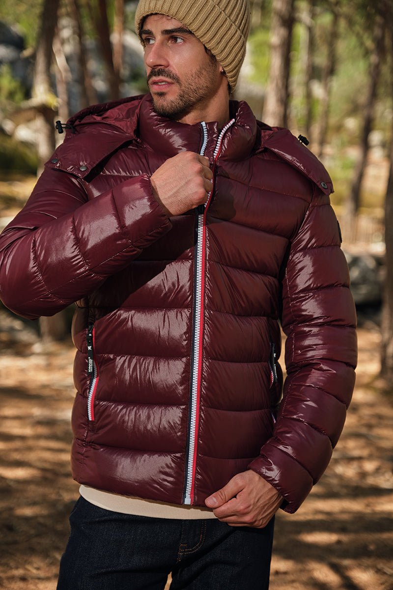 Doudoune Homme Hiver Brillante PRUNE avec Capuche et Zip Tricolore