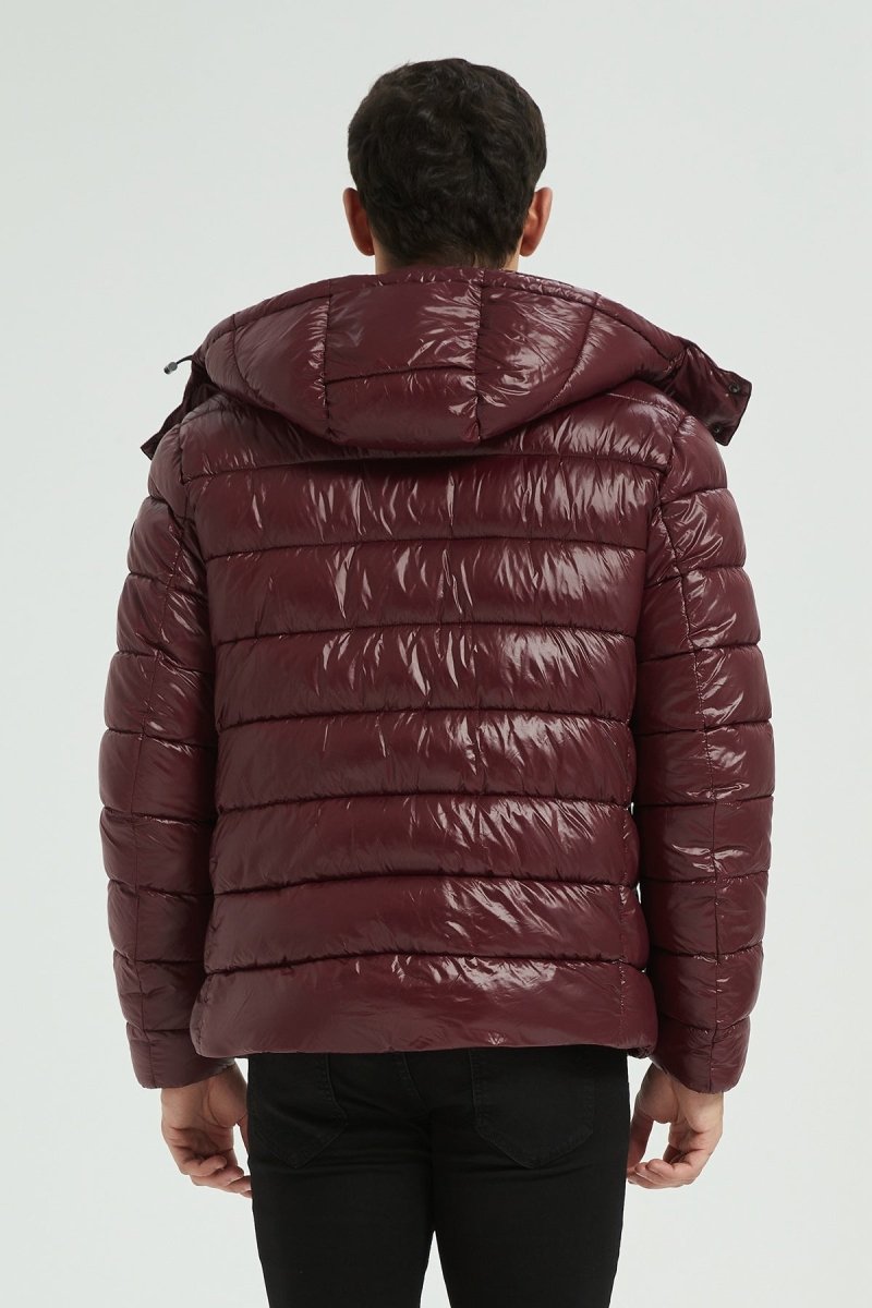 Doudoune Homme Hiver Brillante PRUNE avec Capuche et Zip Tricolore