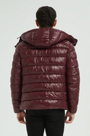 Doudoune Homme Hiver Brillante PRUNE avec Capuche et Zip Tricolore