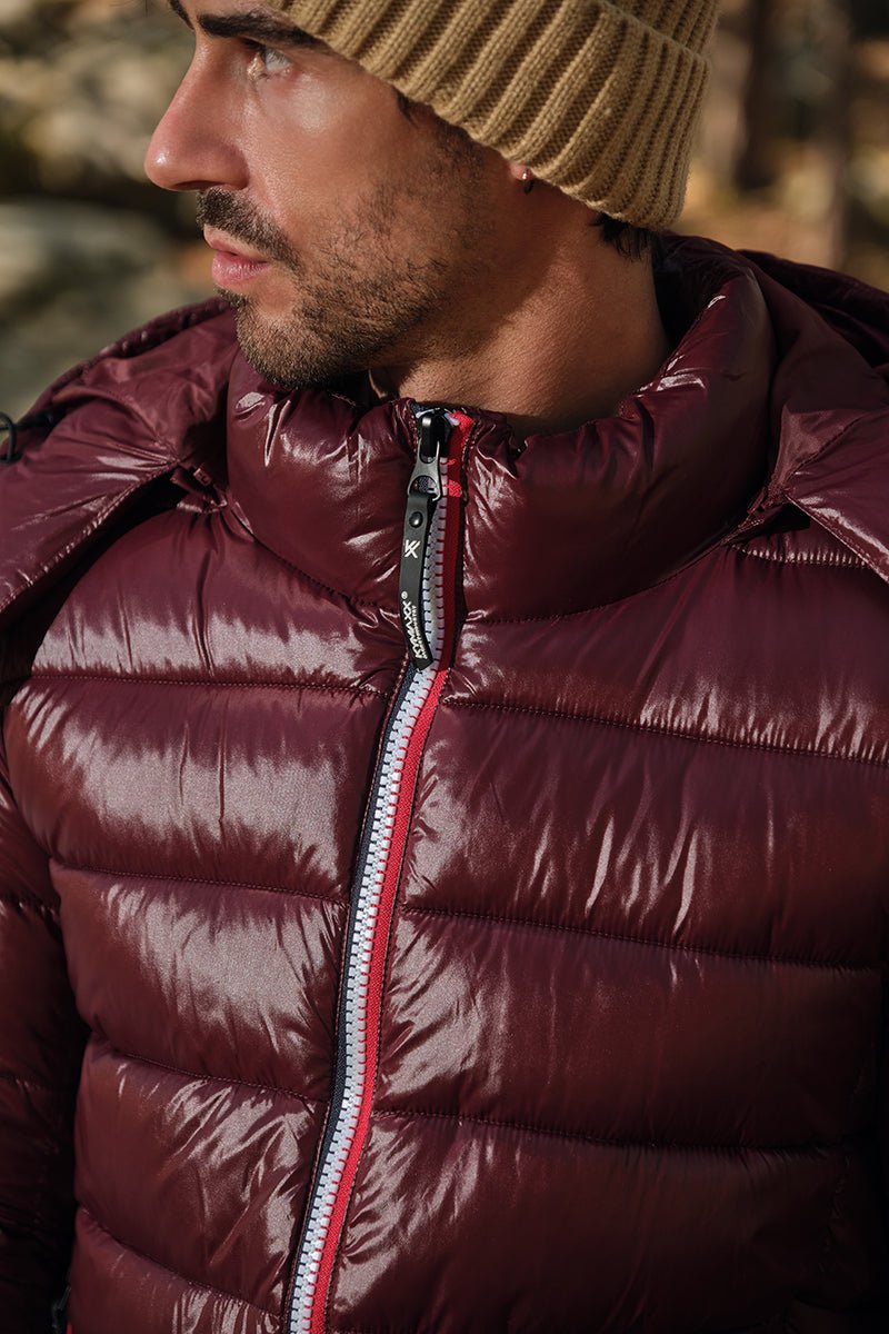 Doudoune Homme Hiver Brillante PRUNE avec Capuche et Zip Tricolore