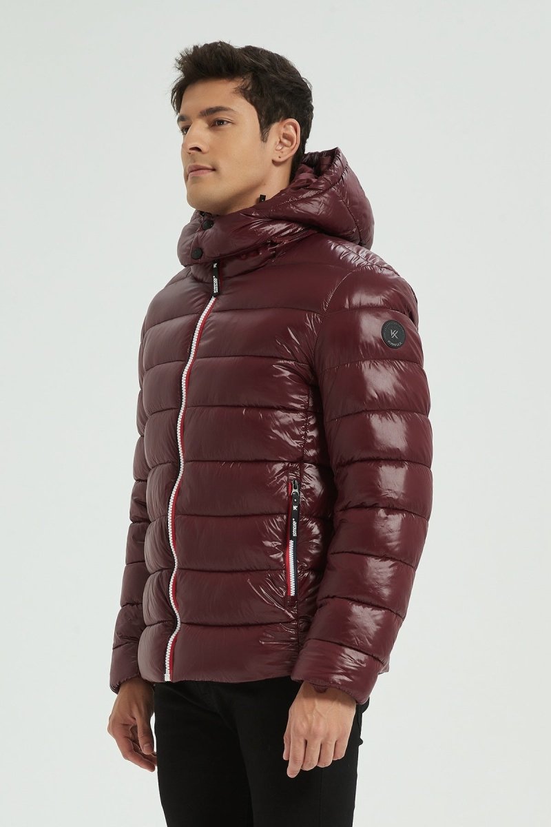 Doudoune Homme Hiver Brillante PRUNE avec Capuche et Zip Tricolore