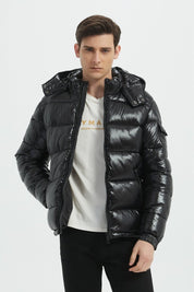 Doudoune Homme Noir Brillante avec Capuche ALBIN