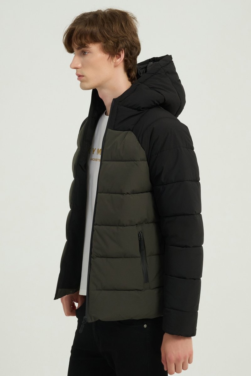 Doudoune matelassée homme bicolore noir et vert avec capuche LIONEL