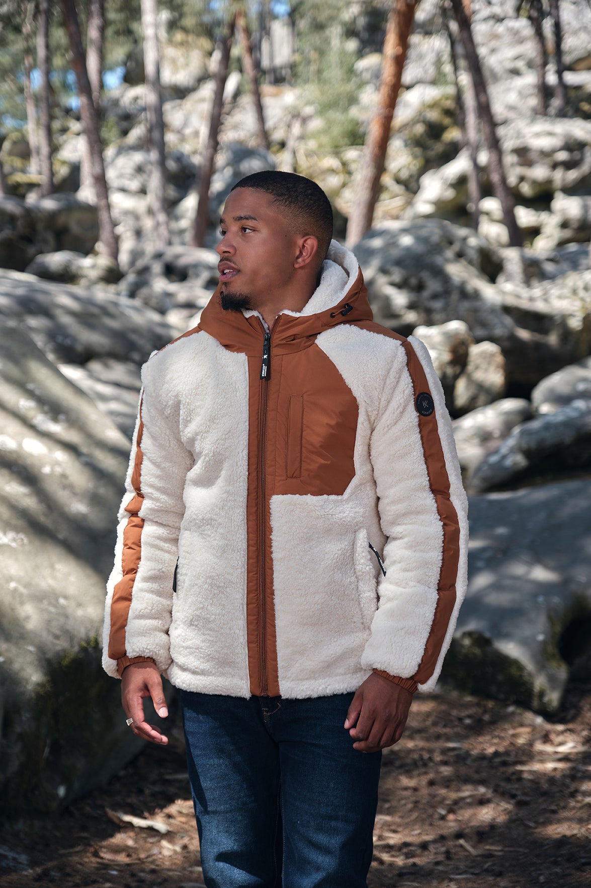 Doudoune polaire écrue et camel homme à capuche DUFFY