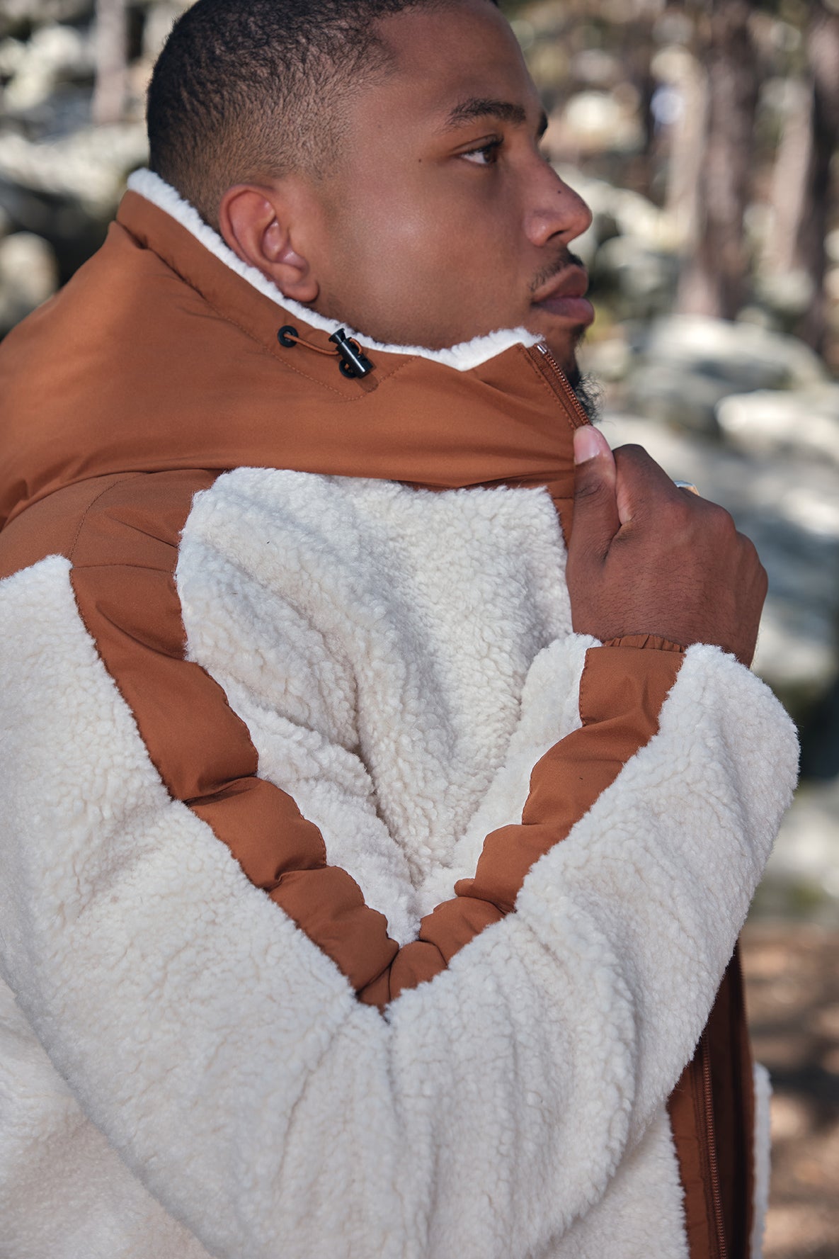 Doudoune polaire écrue et camel homme à capuche DUFFY