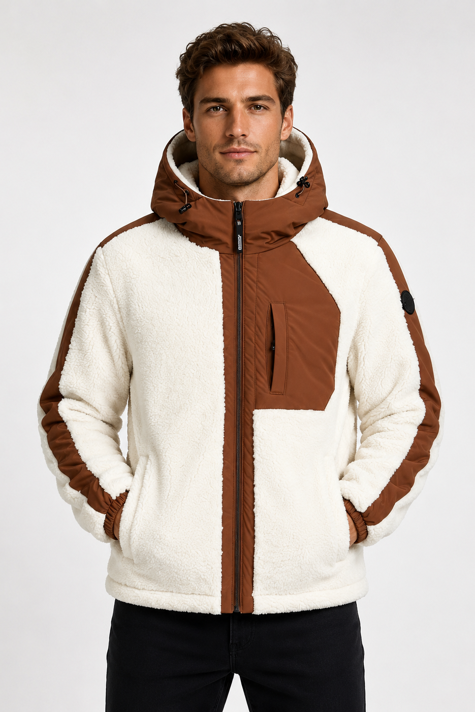 Doudoune polaire écrue et camel homme à capuche DUFFY