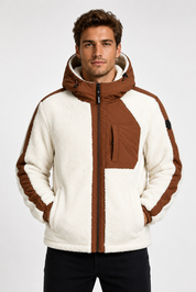 Doudoune polaire écrue et camel homme à capuche DUFFY